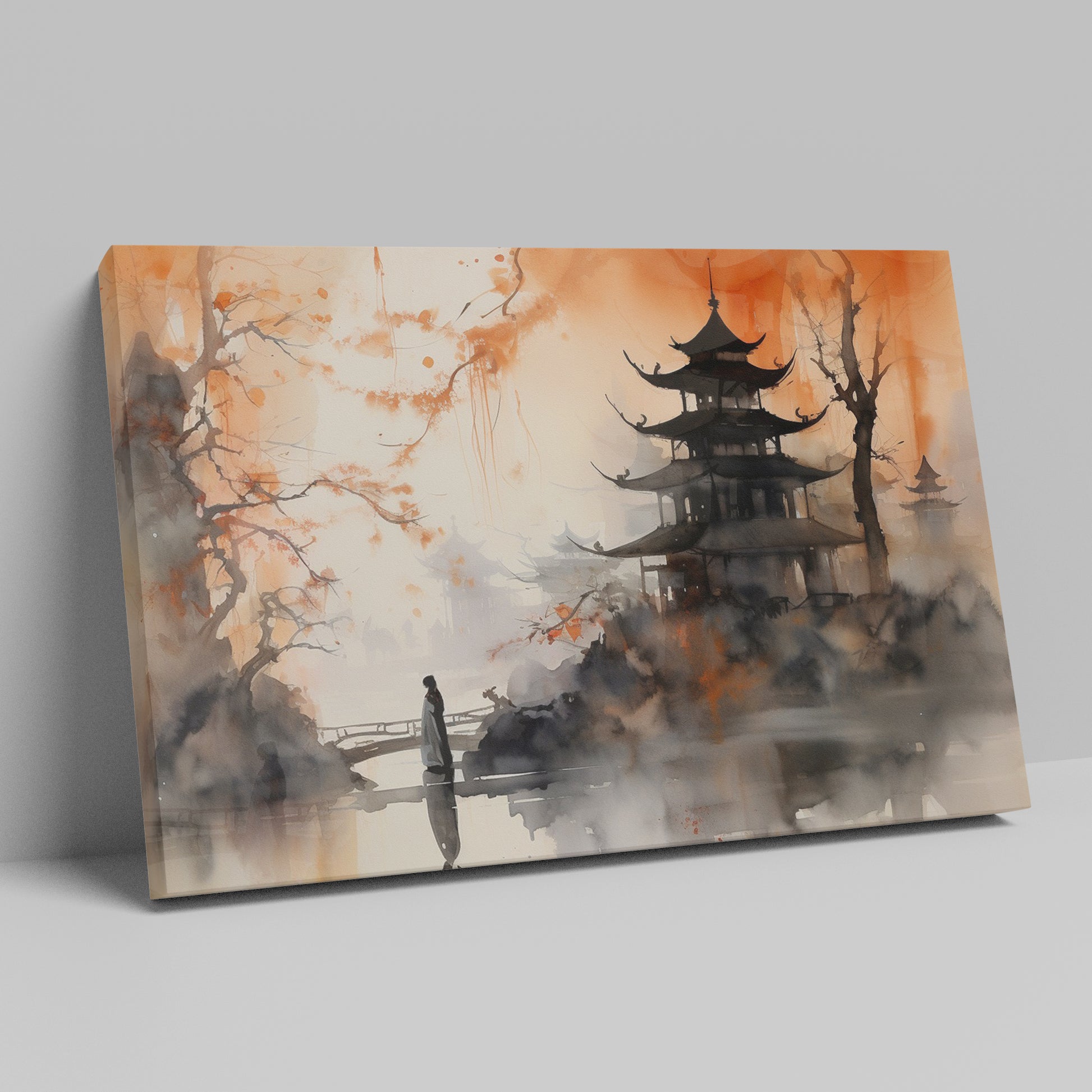 Framed canvas print of Oriental landscape with a pagoda and person on a bridge in misty watercolour technique