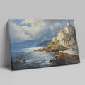 Framed canvas print of a realistic painting depicting a cliffside Mediterranean village with vivid blue sea and sky