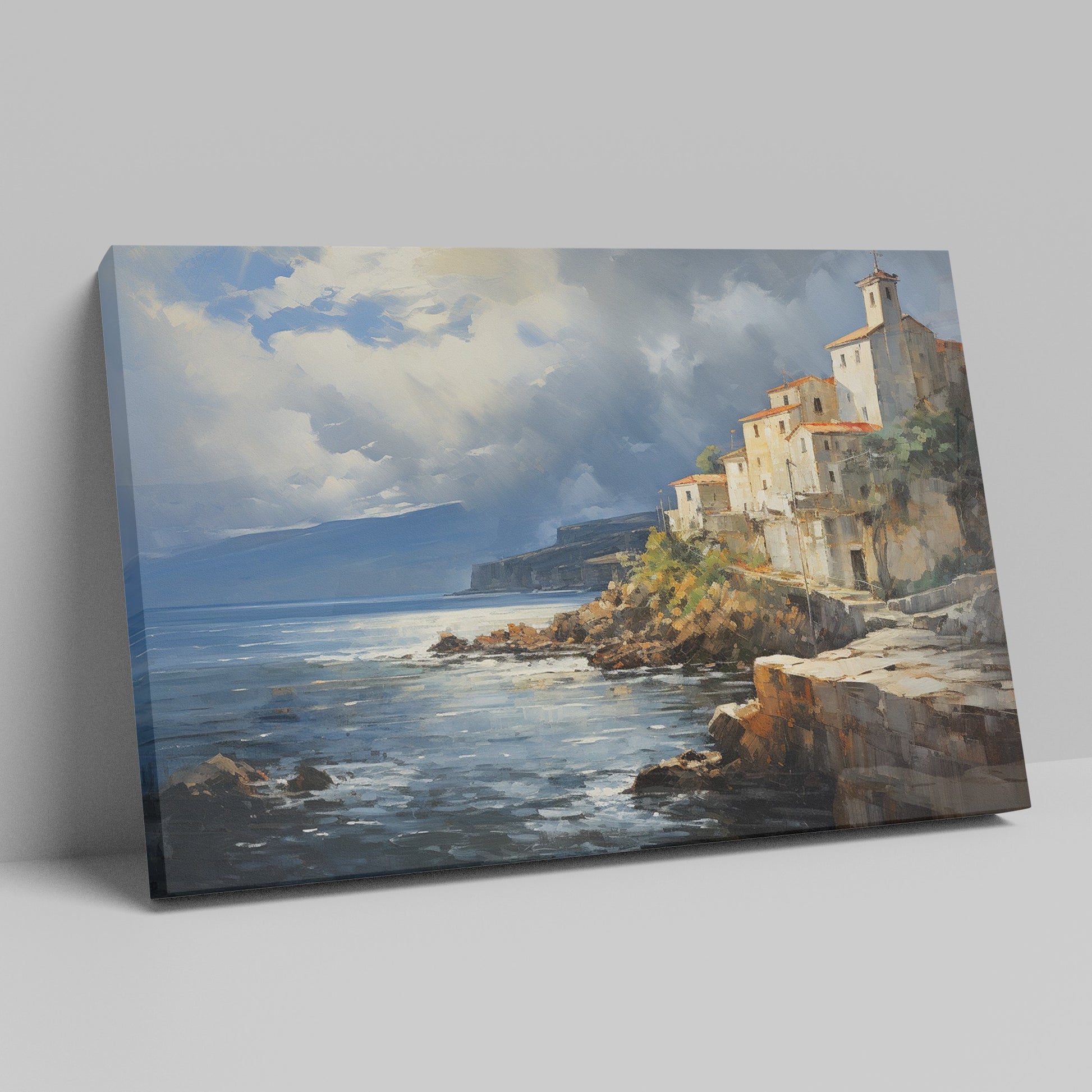 Framed canvas print of a realistic painting depicting a cliffside Mediterranean village with vivid blue sea and sky