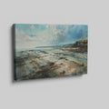 Framed canvas print of a serene watercolour coastal landscape with soft blues and natural earthy tones