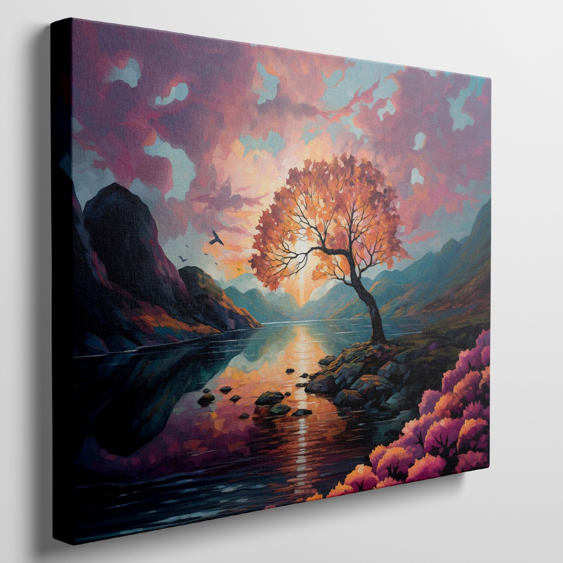 Framed canvas print of a vibrant autumnal landscape with sunset, serene lake, and colourful tree