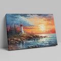 Framed canvas print of a vibrant impressionist sunset over a lighthouse and ocean