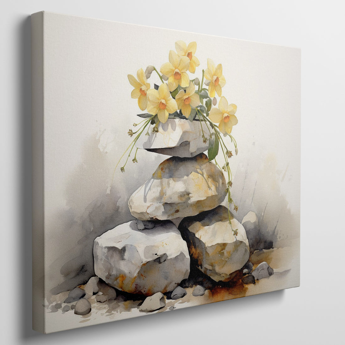 Framed canvas print of a Zen garden scene with watercoloured flowers and stones