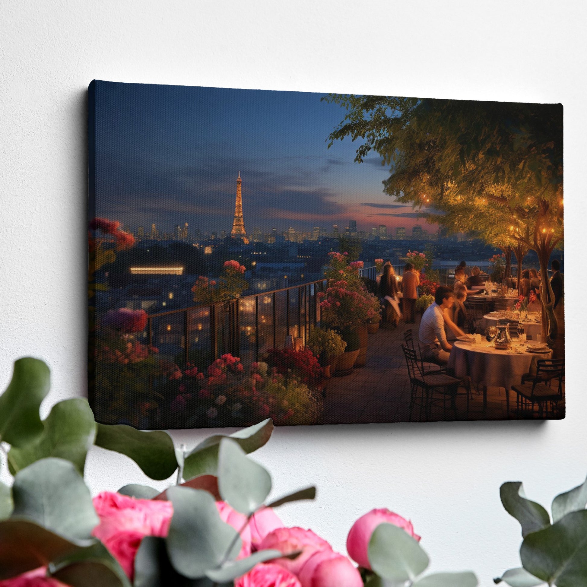 Framed canvas print of a romantic rooftop dining scene in Paris with Eiffel Tower in the background