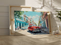 Framed canvas print of a vibrant Cuban street with vintage cars and colourful buildings