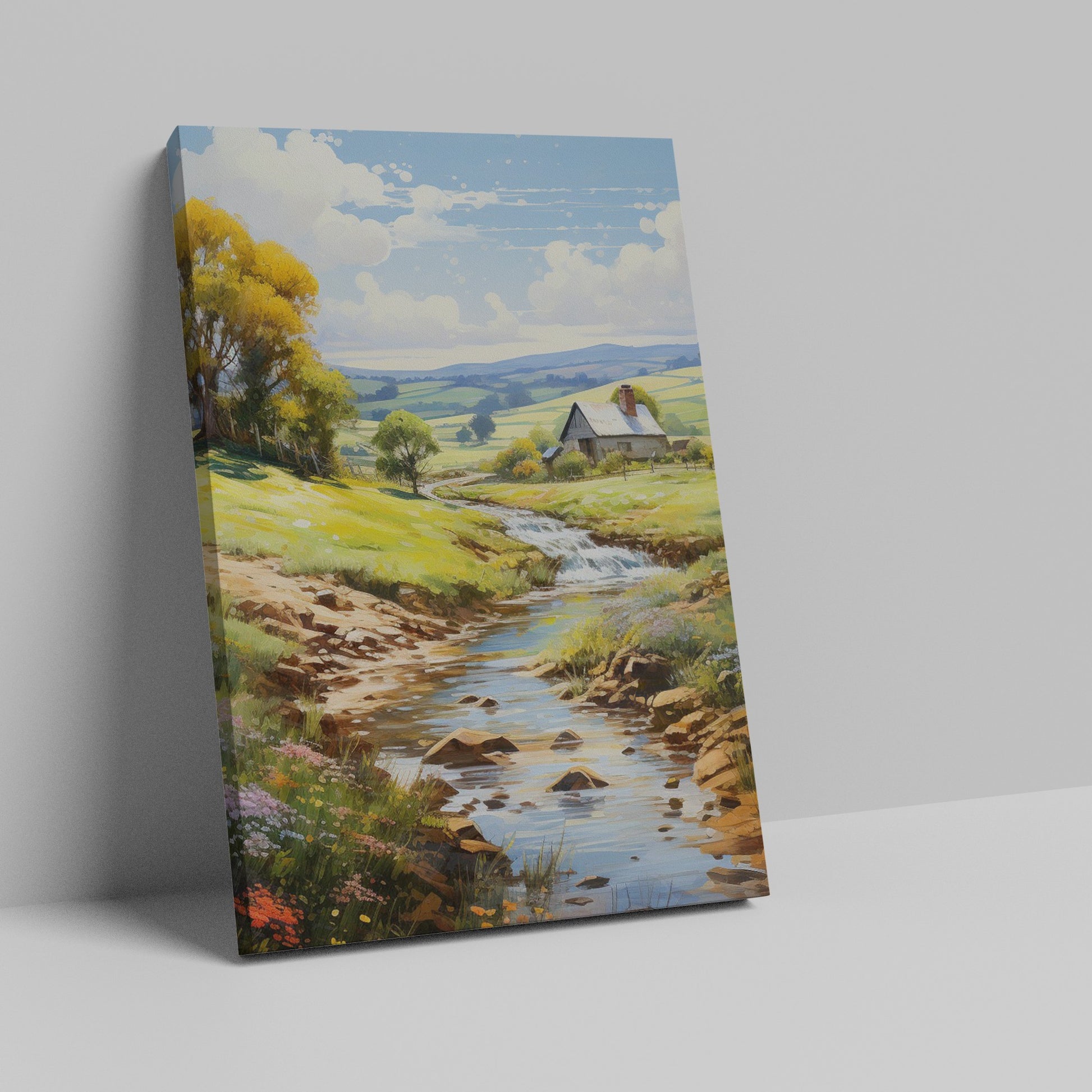 Framed canvas print of a vibrant rural landscape with a stream and cottage