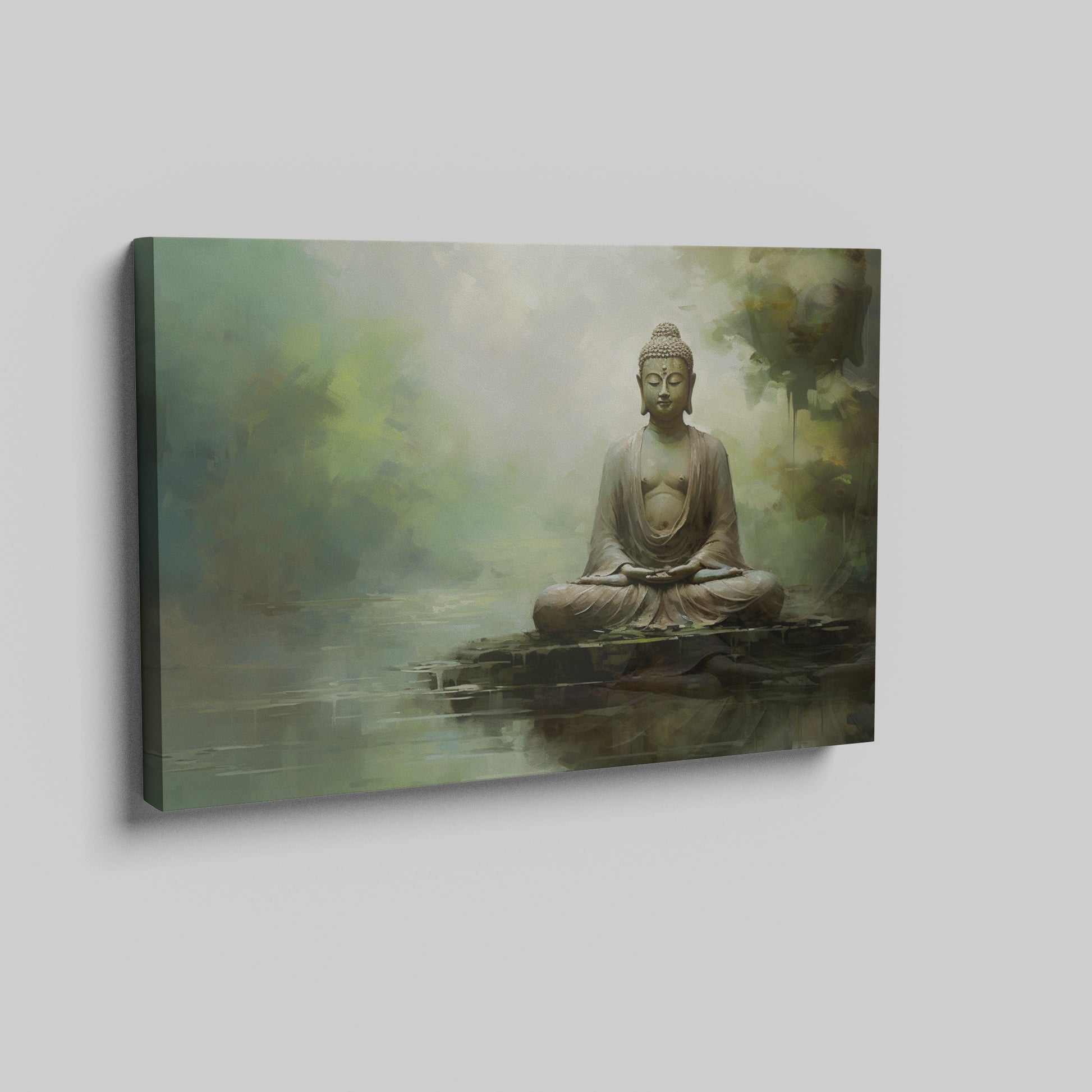 Framed canvas print of a meditative Buddha in serene colors