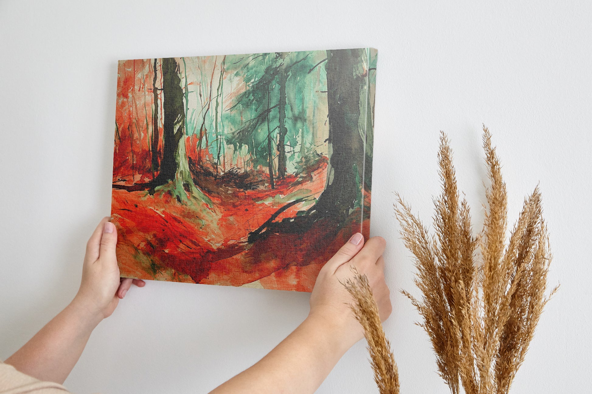 Framed canvas print of an abstract watercolour forest in vibrant red and green hues