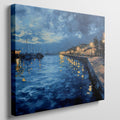 Framed canvas print of twilight seascape with vivid blue waters and illuminated harbour lights