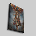 Framed canvas print of a whimsical girl floating with colourful balloons against a mystical city backdrop