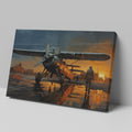 Framed canvas print of a vintage biplane at sunset with pilot walking and the aircraft's reflection on the wet ground