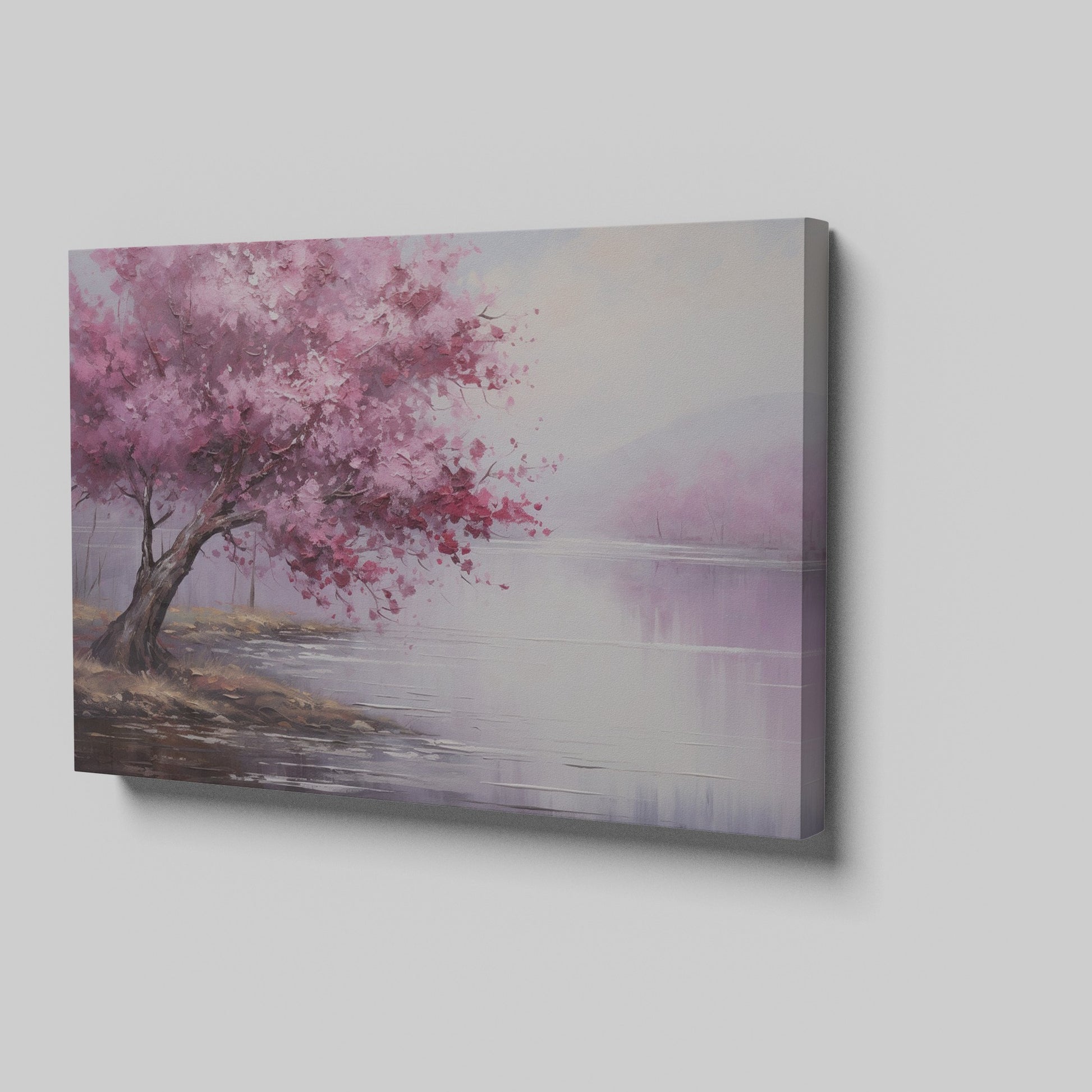 Framed canvas print of an impressionistic cherry blossom tree by a tranquil lake with soft pastel colors