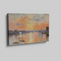 Framed canvas print of impressionist river landscape at sunset with vibrant orange and blue hues