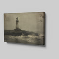 Framed canvas print of a vintage-style lighthouse on a stormy shore in sepia tones