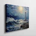 Framed canvas print of a vibrant impasto painting featuring a lighthouse at sunset with dynamic ocean waves