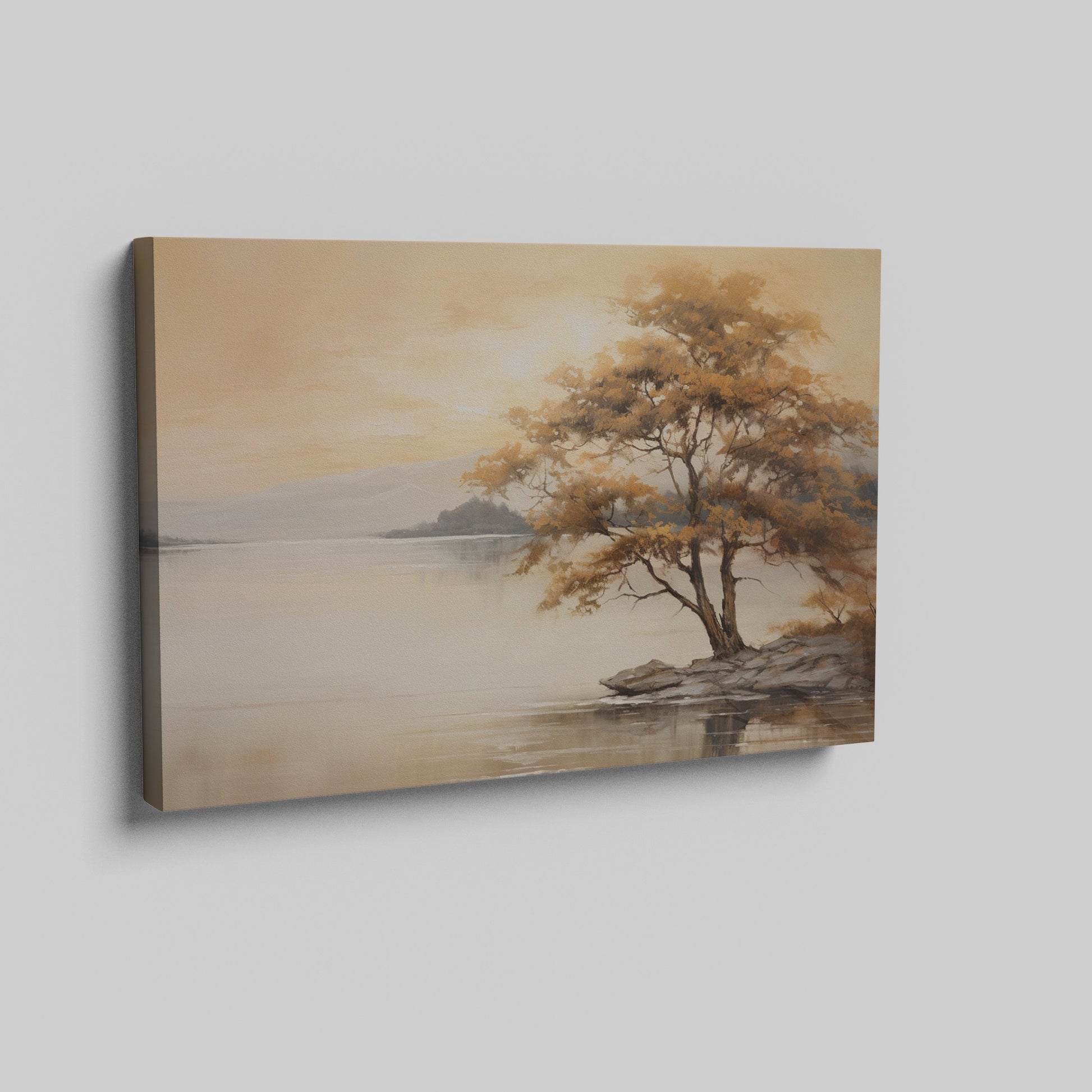 Autumnal landscape with a golden tree on a lakeshore and reflection in the water