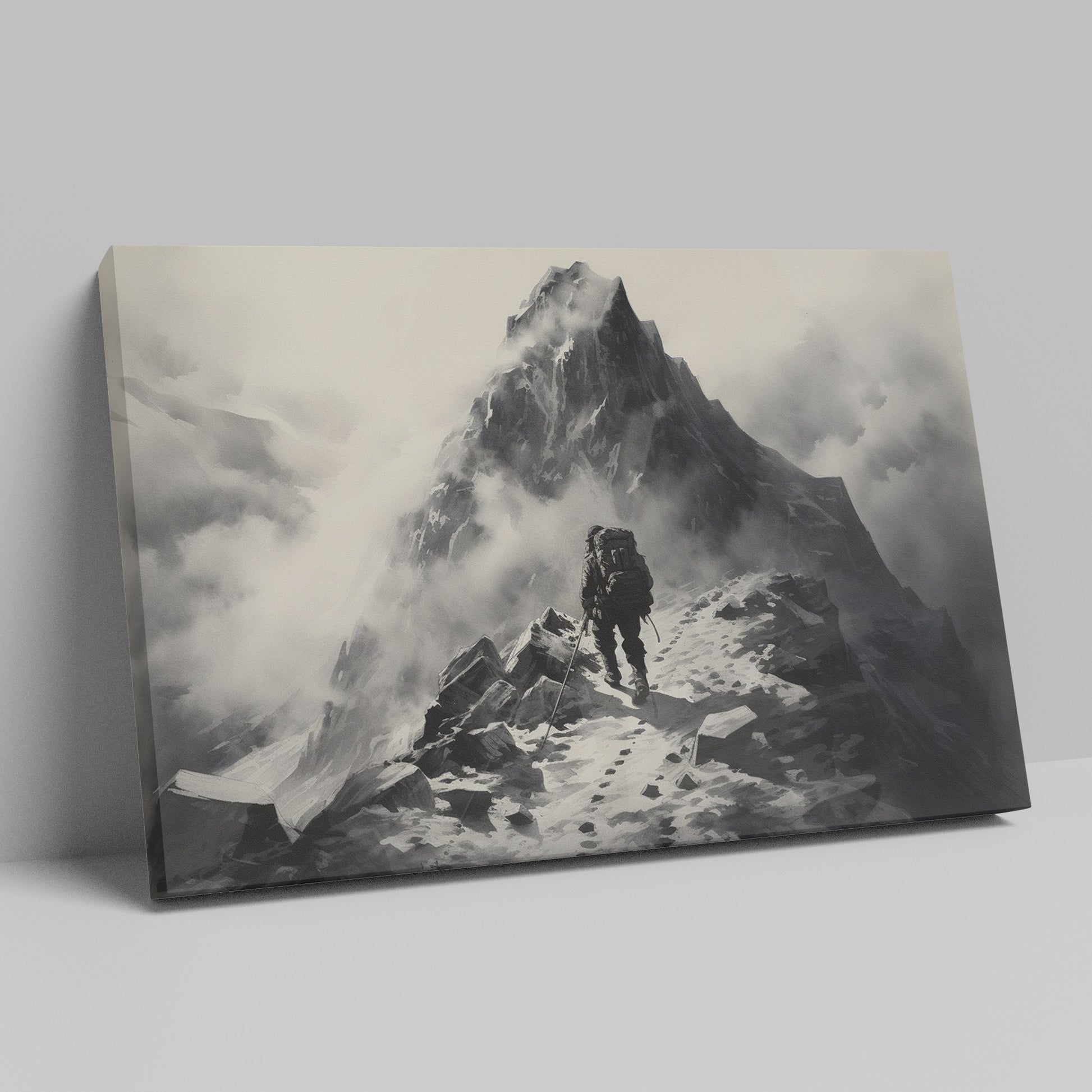 Framed canvas print of a lone mountaineer making their way up a foggy, monochromatic mountain scene