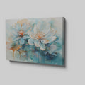 Framed canvas print of abstract watercolor lotus flowers with vibrant aquamarine and earth tones