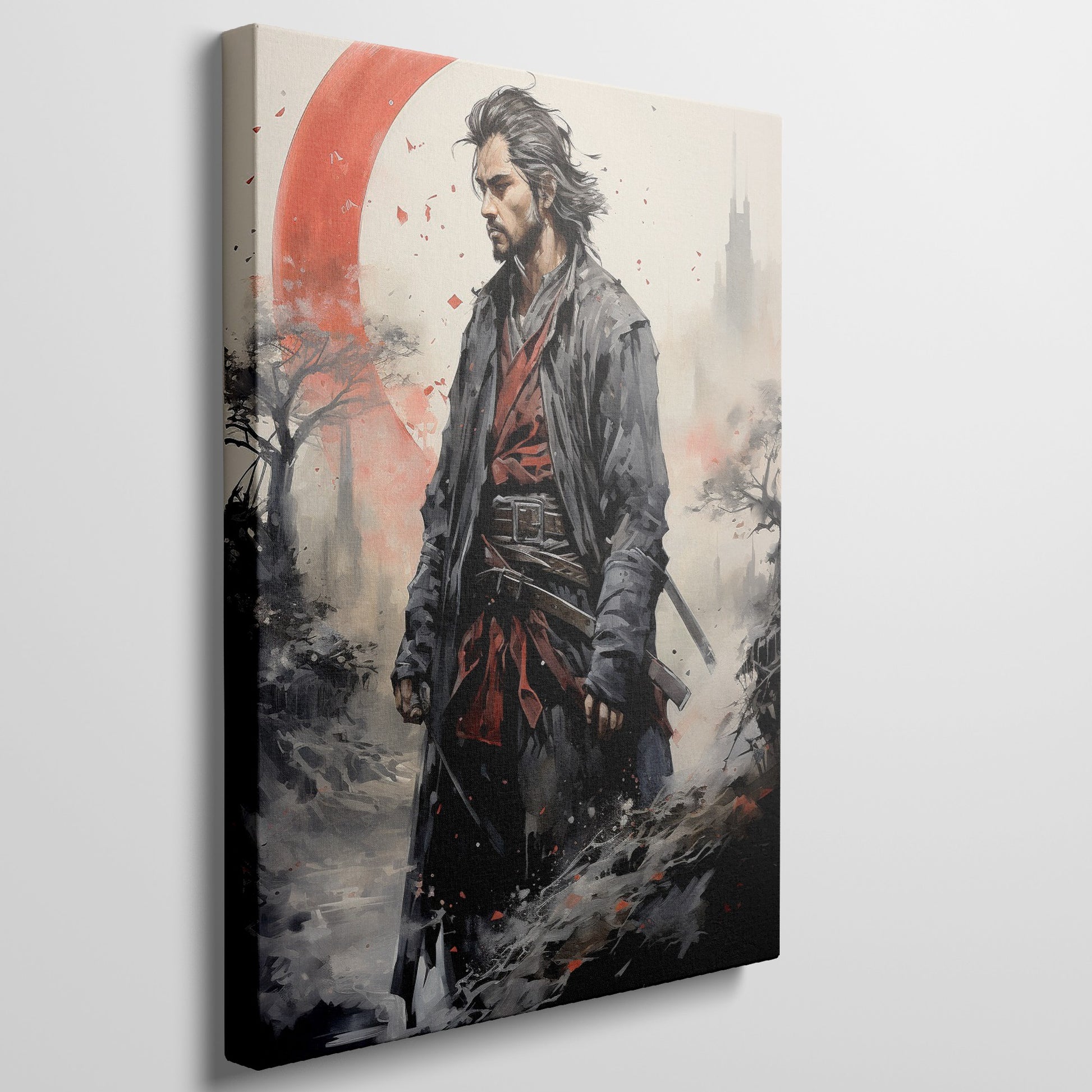 Framed canvas print of a samurai warrior in traditional Japanese attire with a red crescent background