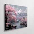 Framed canvas print of a serene Japanese landscape with pink cherry blossoms and Mount Fuji