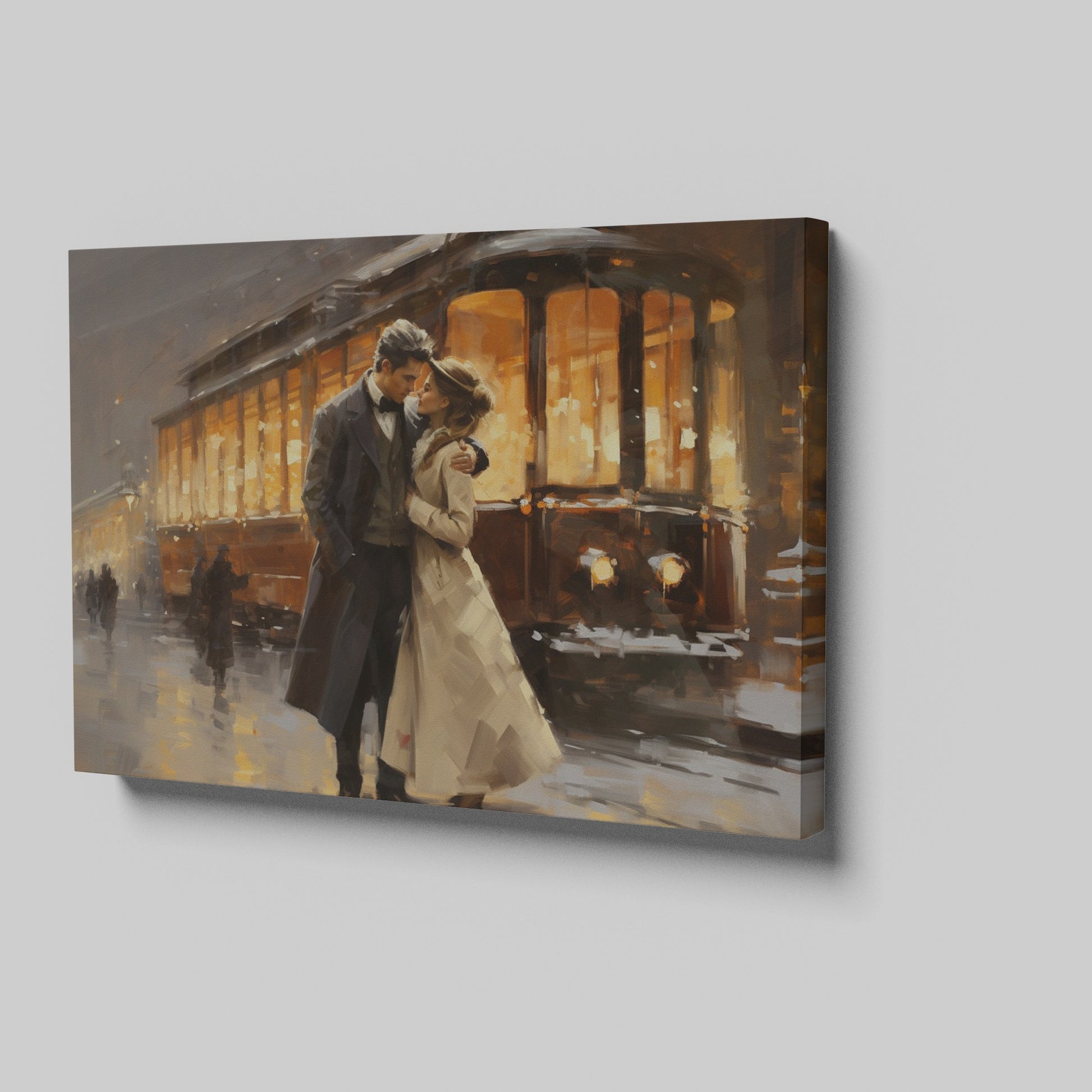 Framed canvas print of a romantic couple embracing on a snowy evening by a vintage streetcar