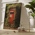 Framed canvas print of a vintage British red postbox entwined with green foliage in a forest