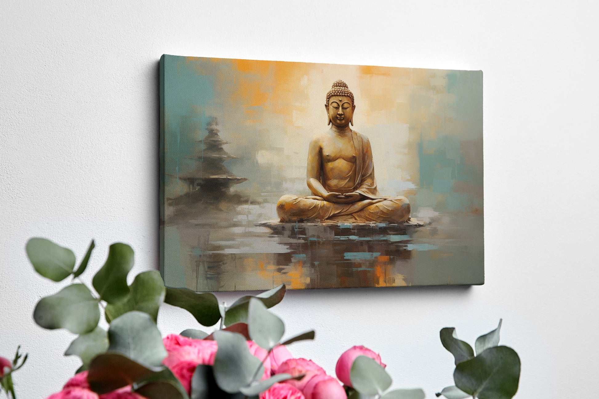 Framed canvas print of a serene Buddha in meditation with warm orange and soft blue abstract background