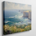 Framed canvas print of an impressionistic seascape with cliffs, wildflowers, and ocean