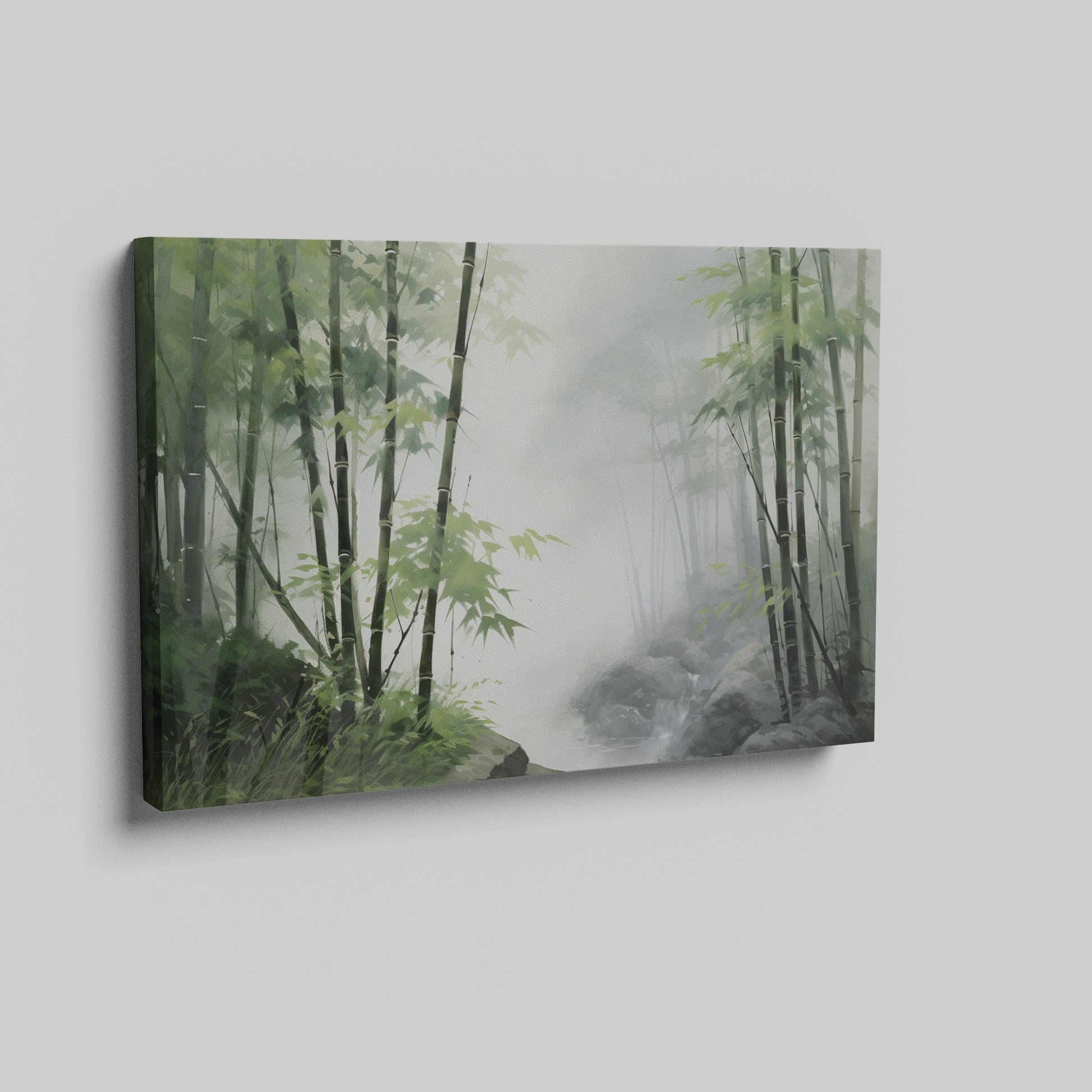 Framed canvas print of a misty bamboo forest in watercolour style with green and grey hues