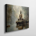 Framed canvas print of a serene Buddha statue in a Zen garden with waterfall