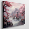 Framed canvas print of a serene oriental landscape with cherry blossoms and a pagoda