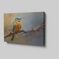 Framed canvas print of a realistic bluebird perched on a branch with vibrant blue and yellow colours