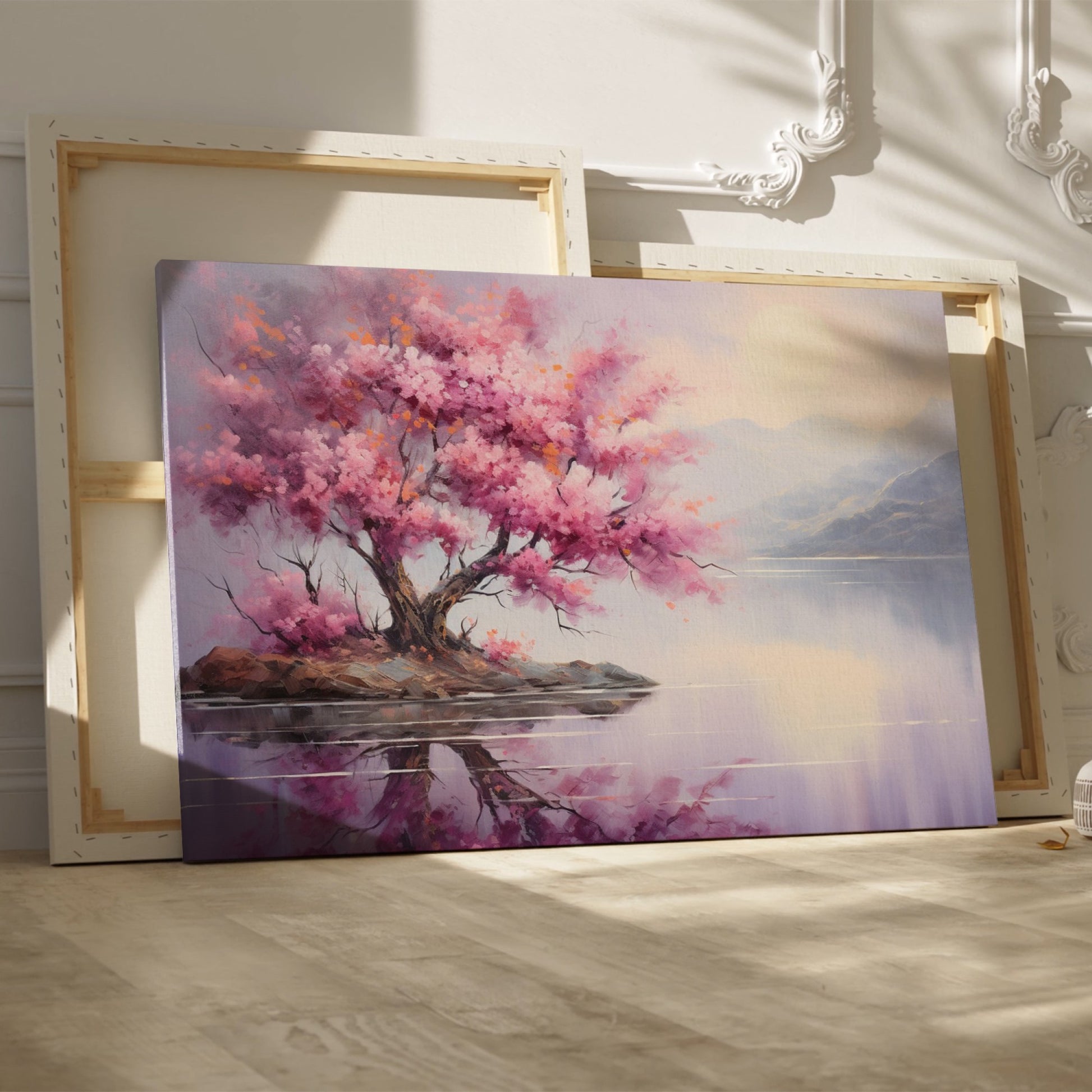 Framed canvas print of a cherry blossom tree by a tranquil lake at dusk with mountains in the background, reflecting soft pink and purple hues