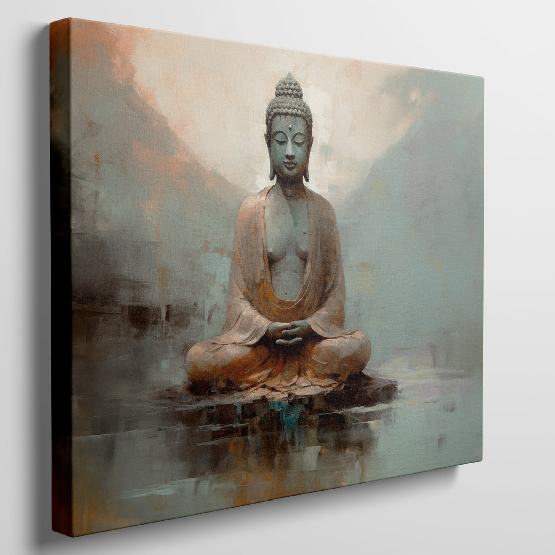 Framed canvas print of a serene Buddha in meditative pose with earthy tones