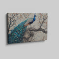 Framed canvas print of a peacock on a blossoming cherry tree with oriental art style