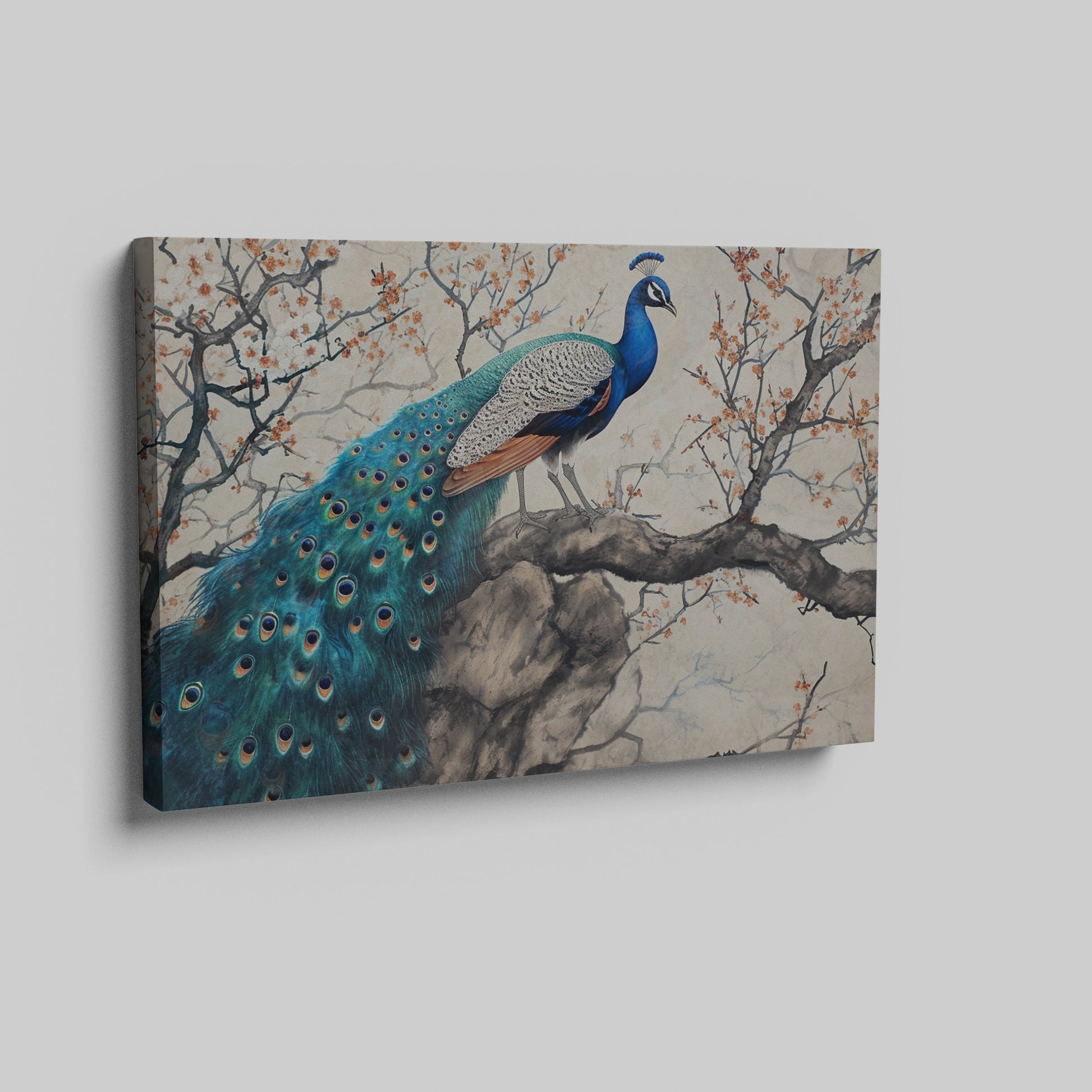 Framed canvas print of a peacock on a blossoming cherry tree with oriental art style