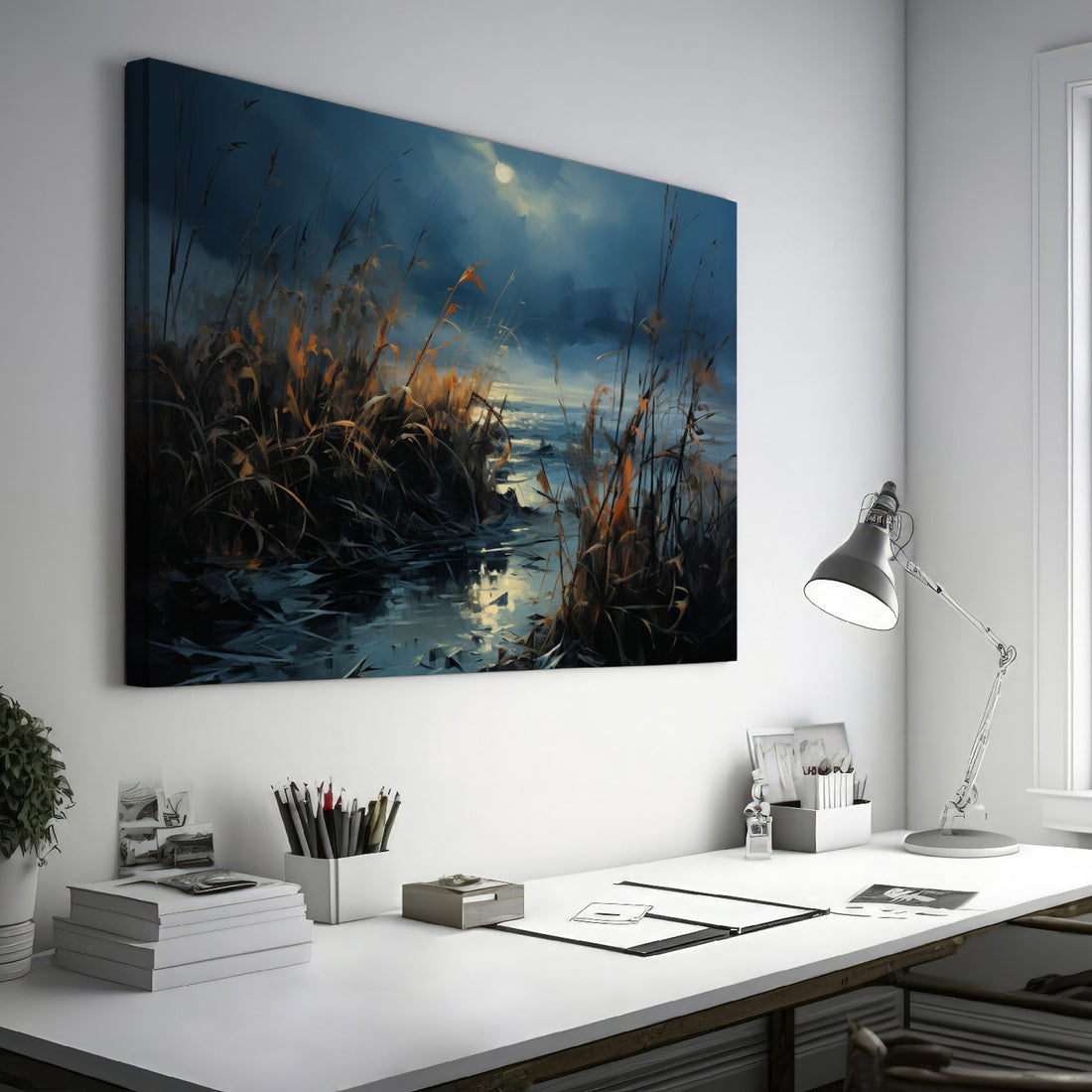 Framed canvas print of an impressionistic landscape with moonlit waters and reed-filled foreground