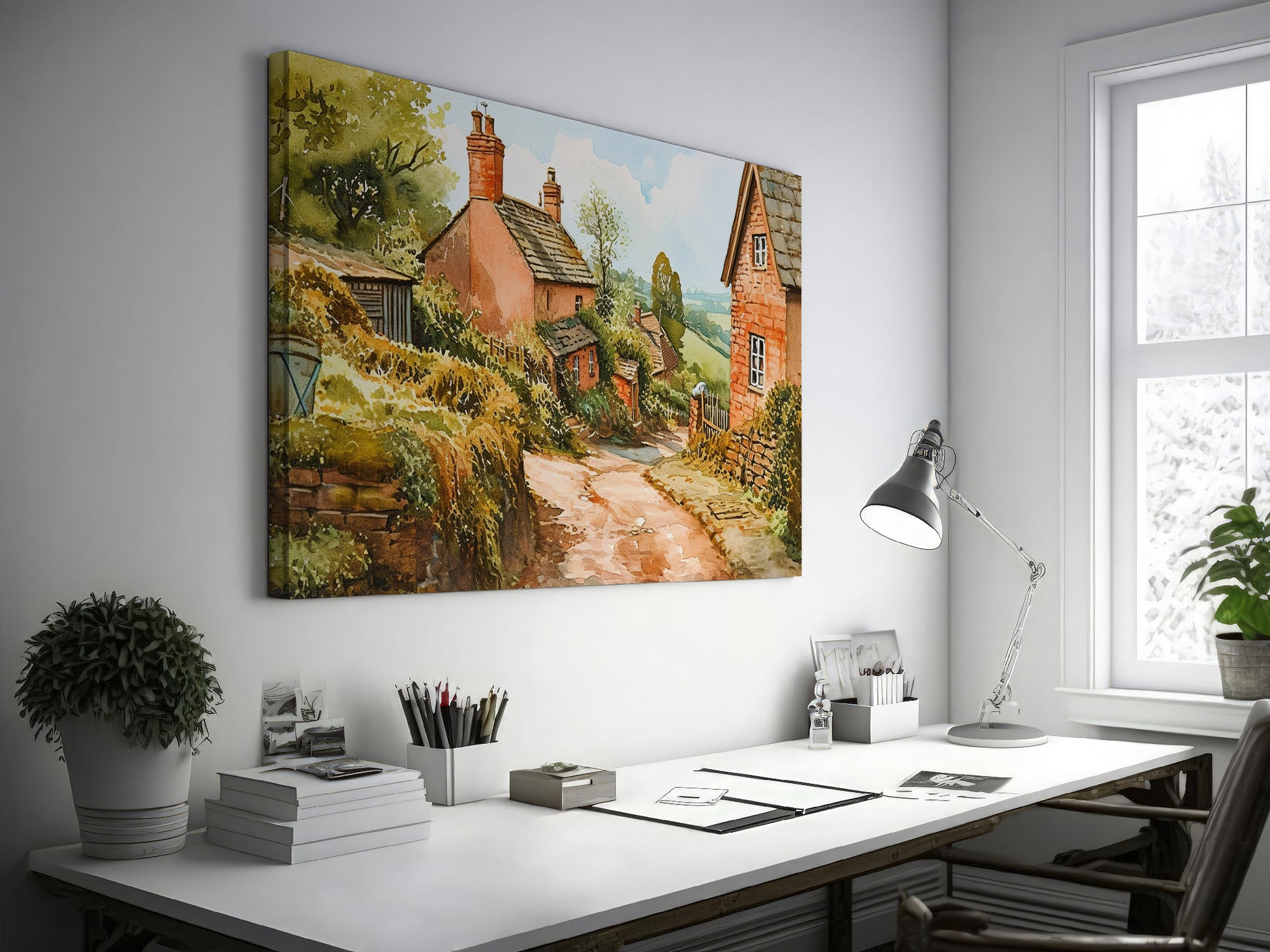 Framed canvas print of a charming English village scene with watercolour cottages in a rustic countryside setting