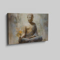 Framed canvas print of a serene meditative Buddha with abstract elements and earthy tones