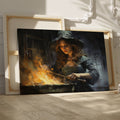 Framed canvas print of a mystical witch stirring a magical fiery brew in a gothic setting