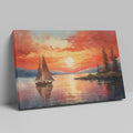 Framed canvas print of a sailboat sailing at sunset with vibrant sky and reflective water