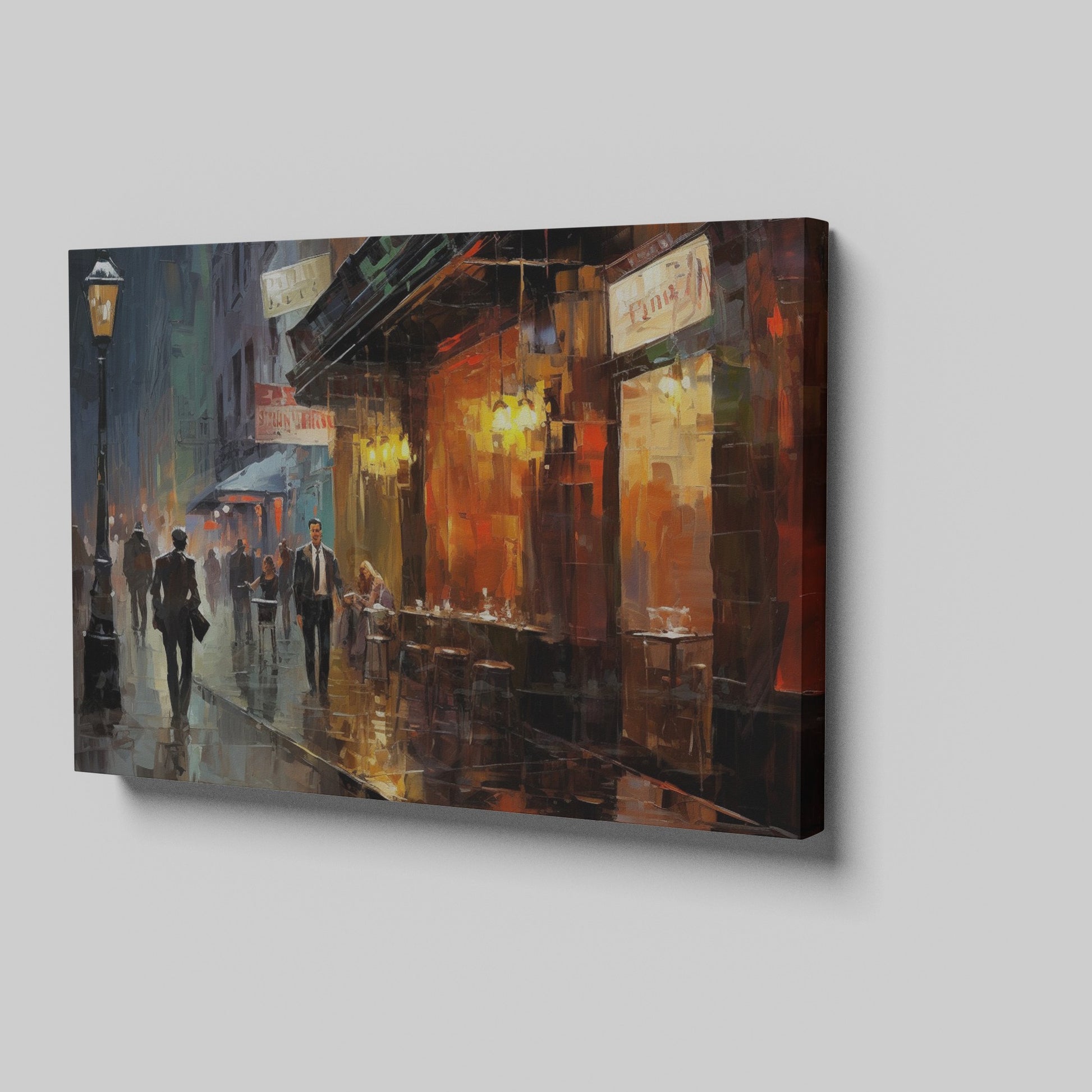 Framed canvas print of a rainy evening cityscape with warm glowing lights and reflections