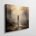 Framed canvas print of a mystical autumnal pathway with a silhouette of a woman walking, surrounded by golden trees and a soft fog.