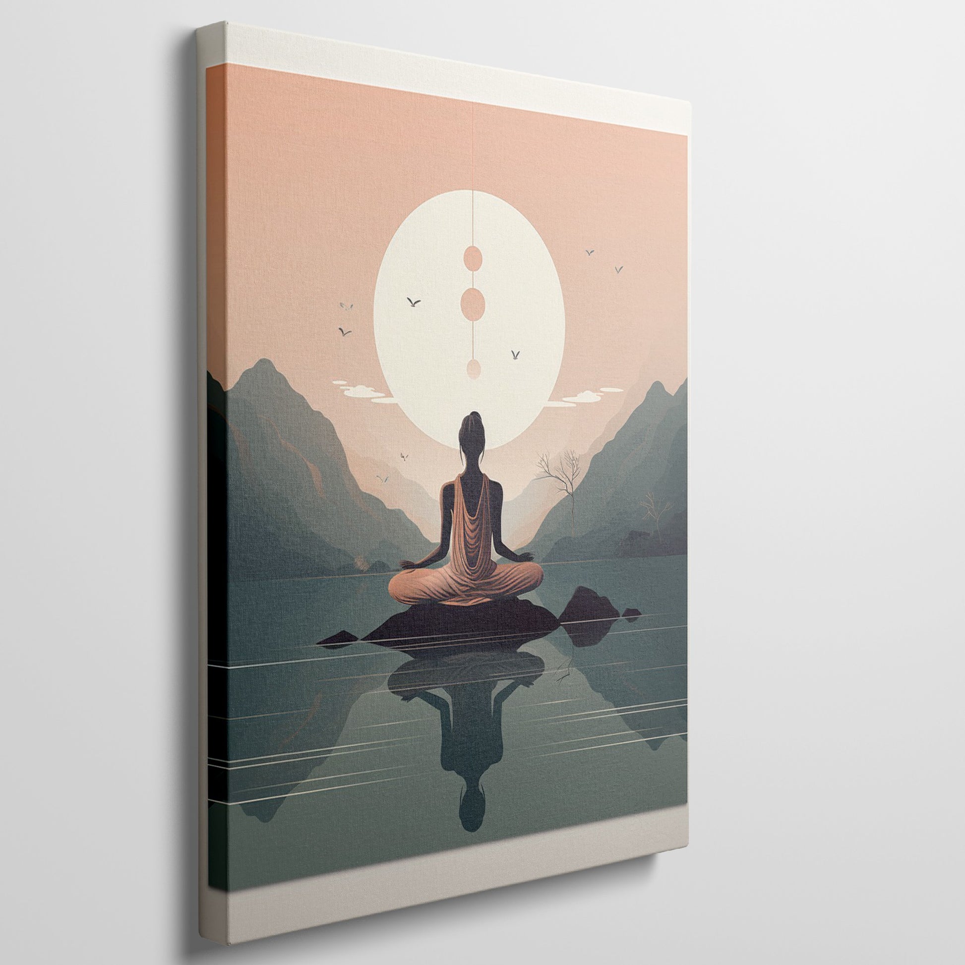 Framed canvas print of meditative figure in front of tranquil mountains and reflective water at sunset