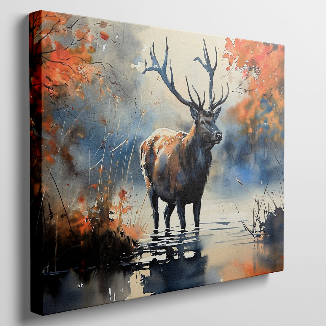 Framed canvas print of a stag in an autumnal setting with vibrant watercolour effects