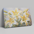 Framed canvas print of realistic sunlit yellow daylilies with lush green leaves