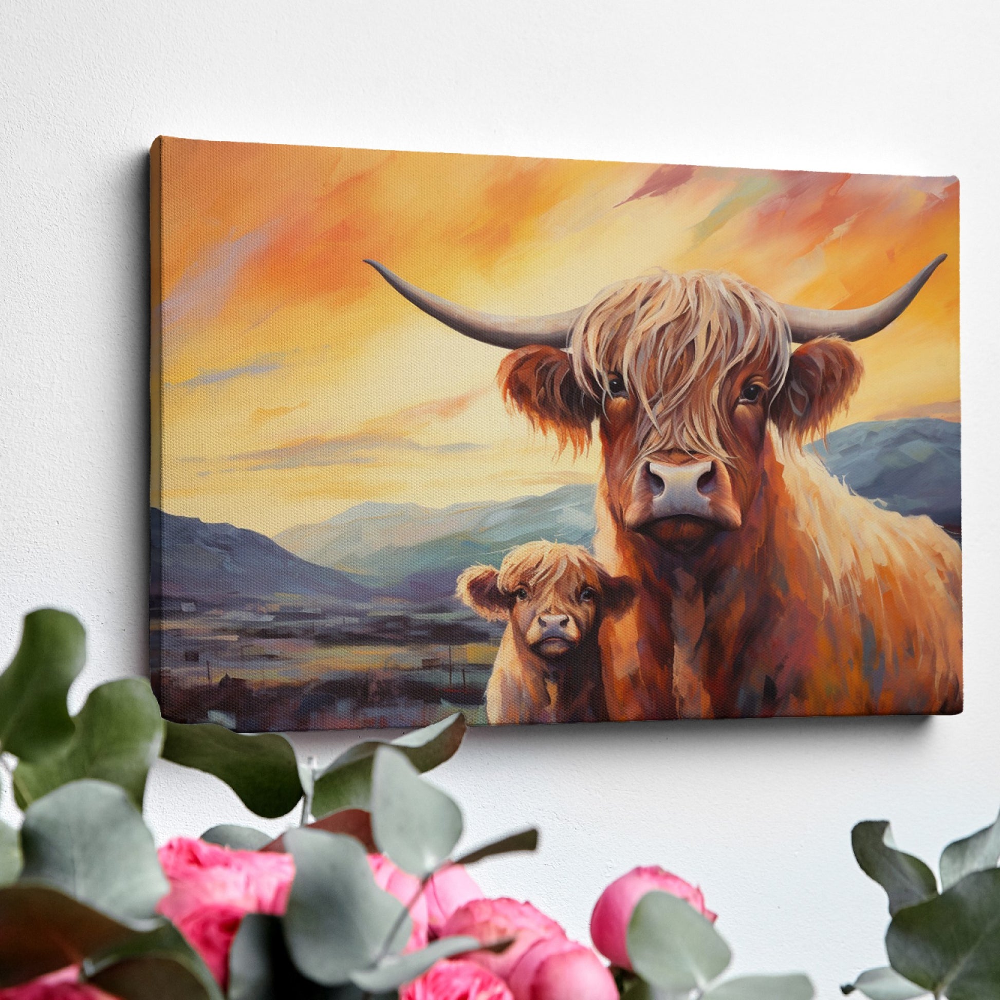 Framed canvas print of Highland cattle with calf at sunset, warm tones and mountain backdrop