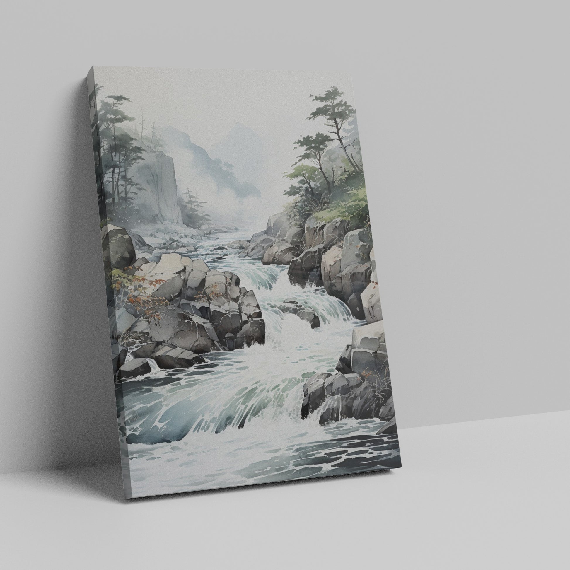 Framed canvas print of traditional Asian landscape with mountain stream and misty forest