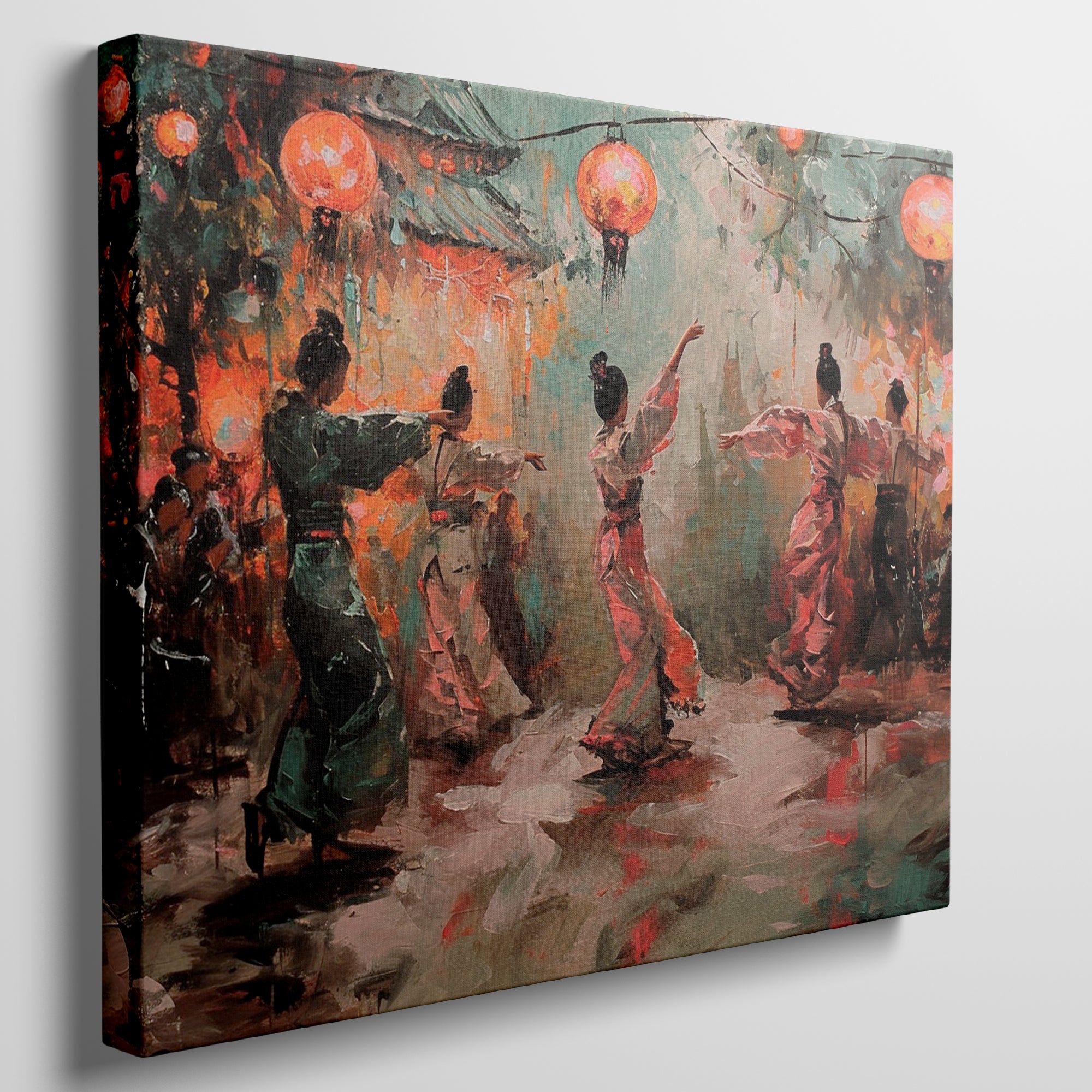 Framed canvas print of traditional dance scene with Chinese lanterns and vibrant abstract figures