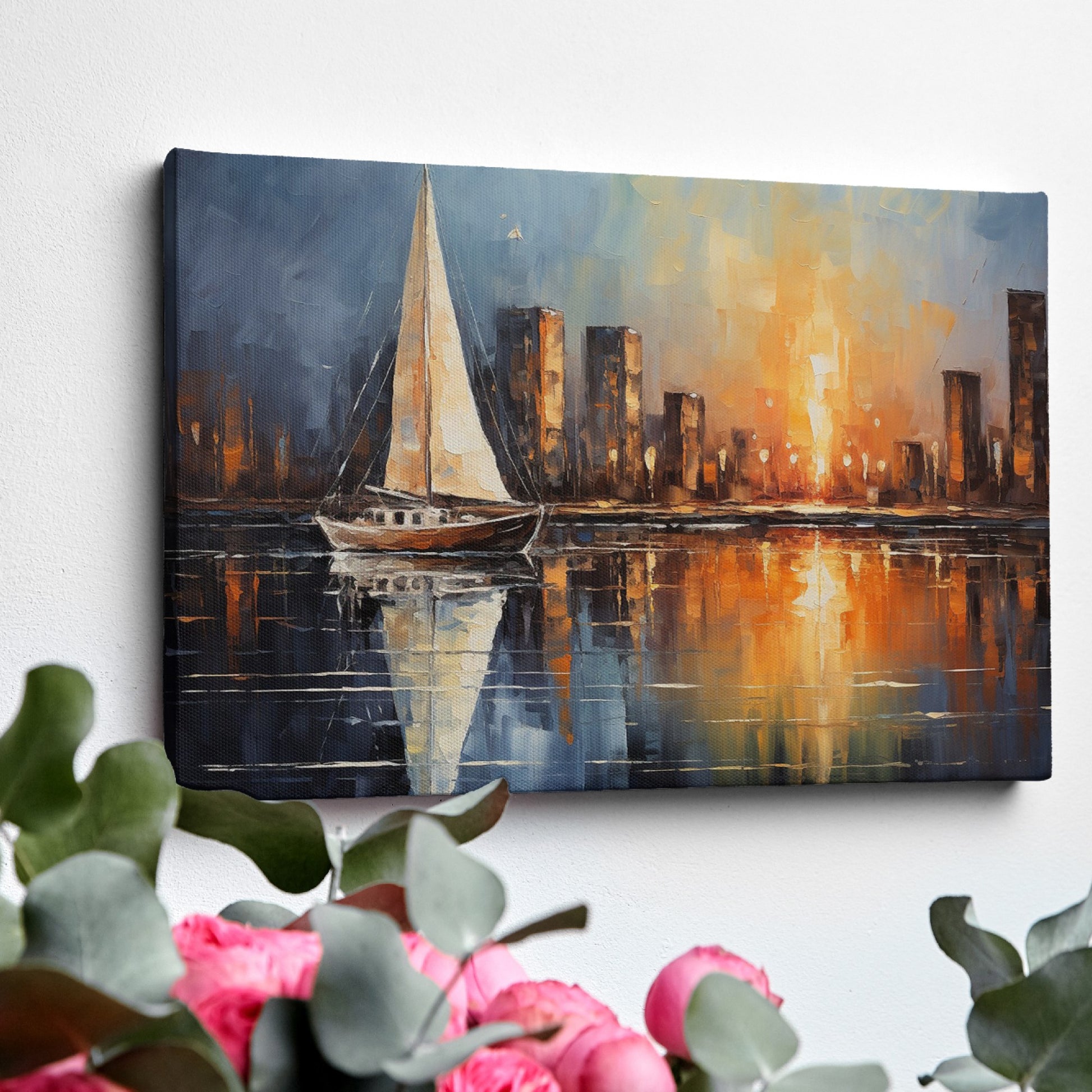 Impressionist painting of a sailboat on calm waters with a sunset reflecting off a city skyline